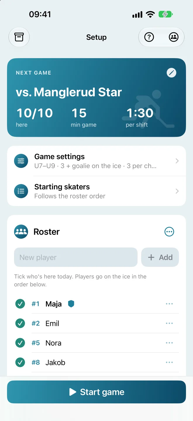 The setup screen with the next game, game settings and roster
