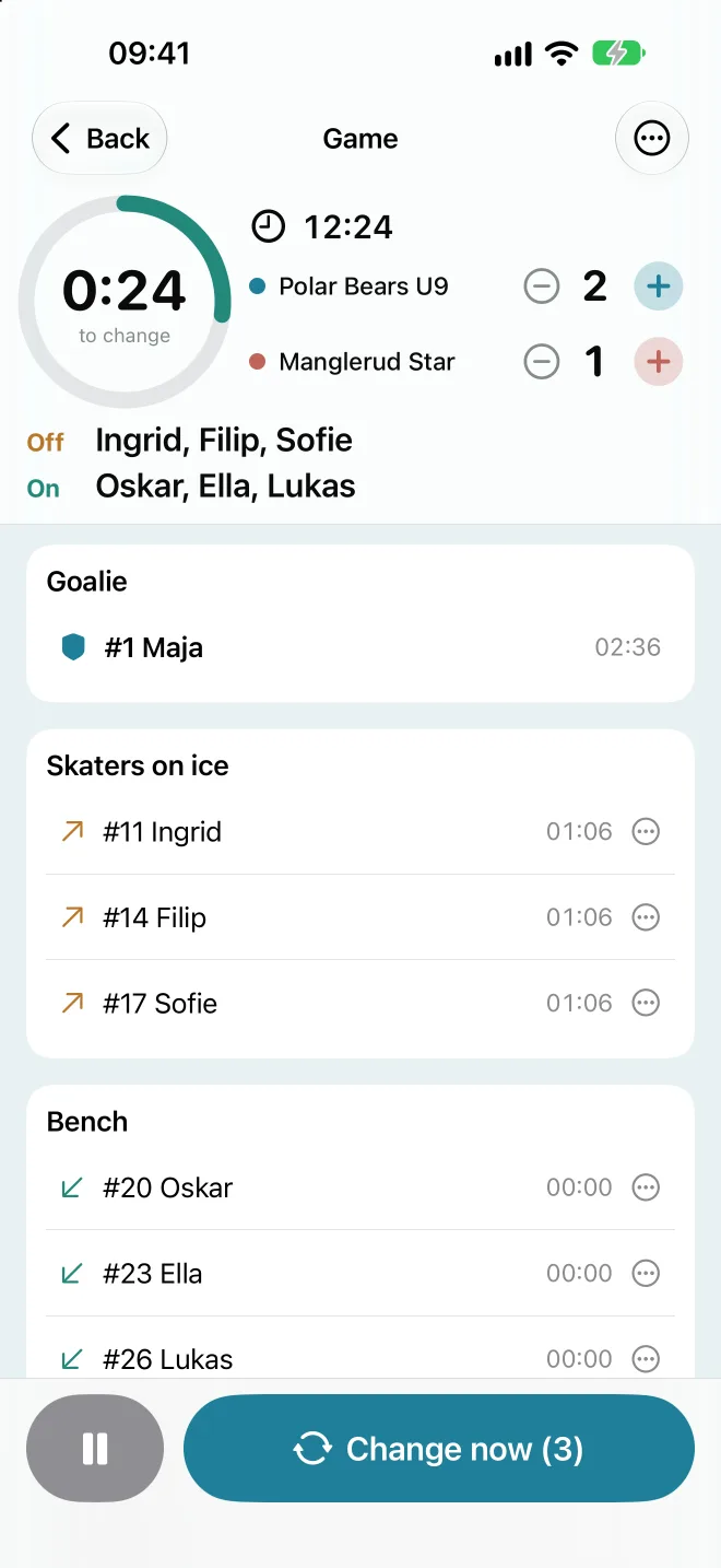 The game screen with clock, score and players on the ice and on the bench