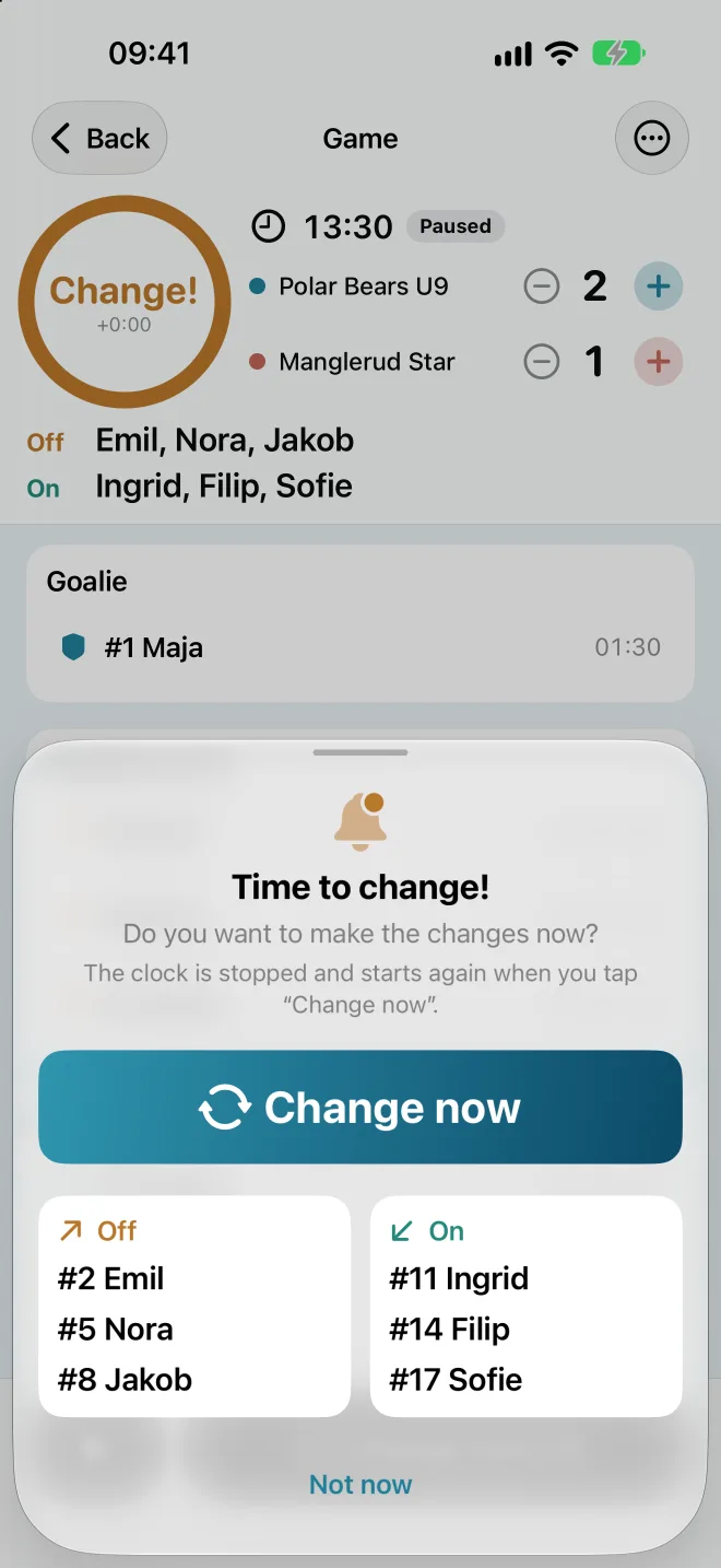The time-to-change alert with the change button and who goes off and on