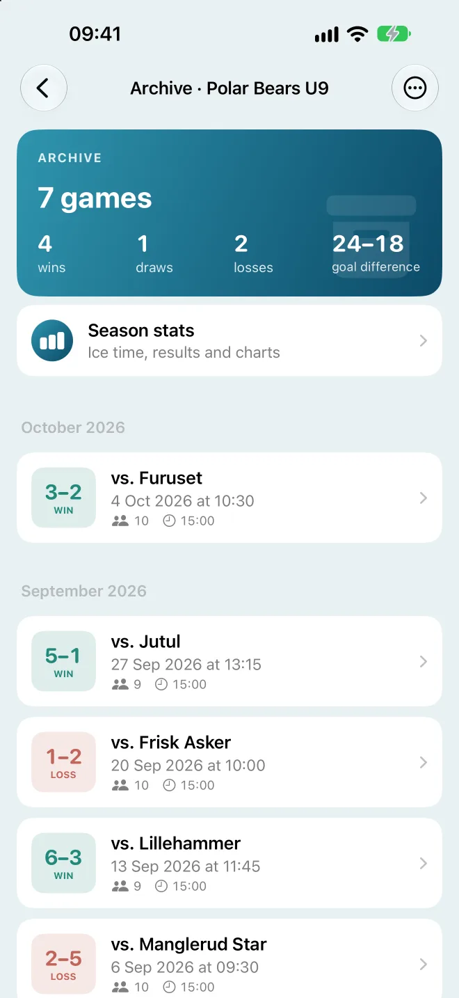 The archive with the season’s games and results