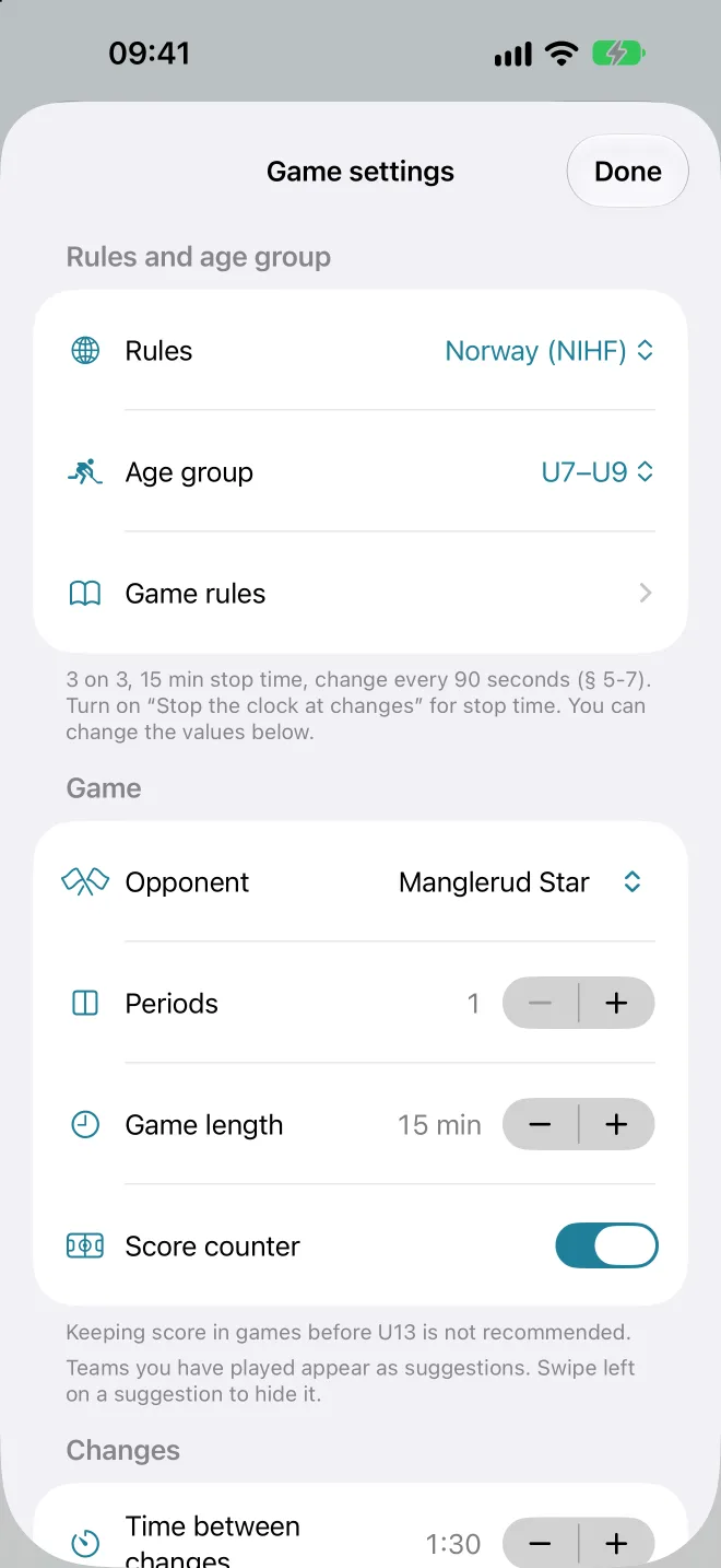 Game settings with rules Norway (NIHF), age group U7–U9, game rules and line change settings