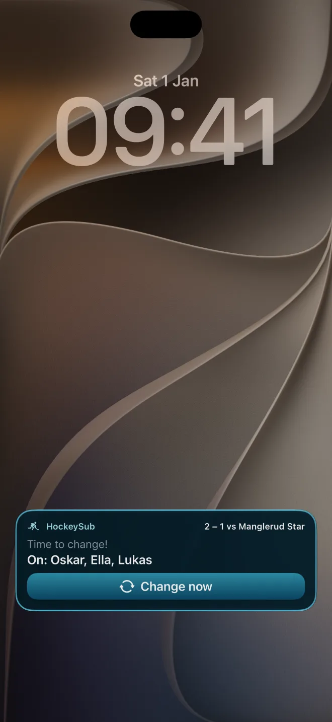The lock screen with who goes on next and the change now button