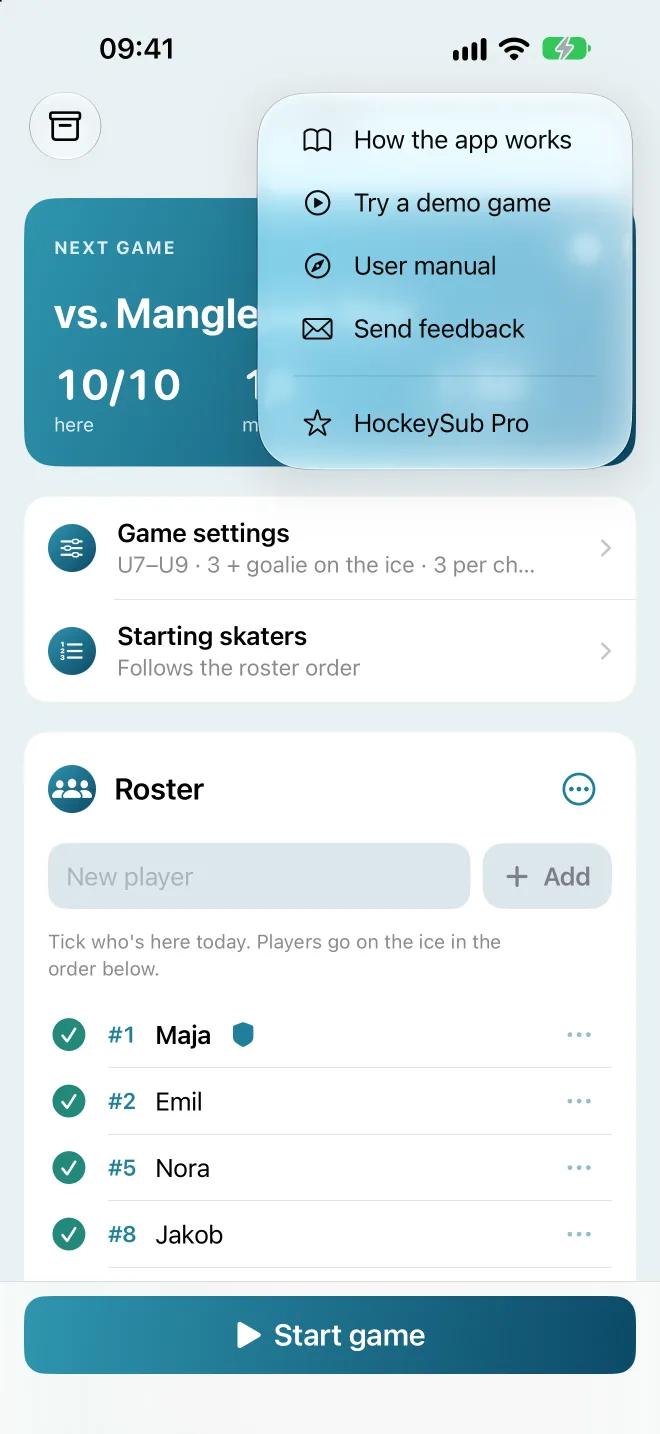 The question mark menu with how the app works, try a demo game, user guide, send feedback and HockeySub Pro