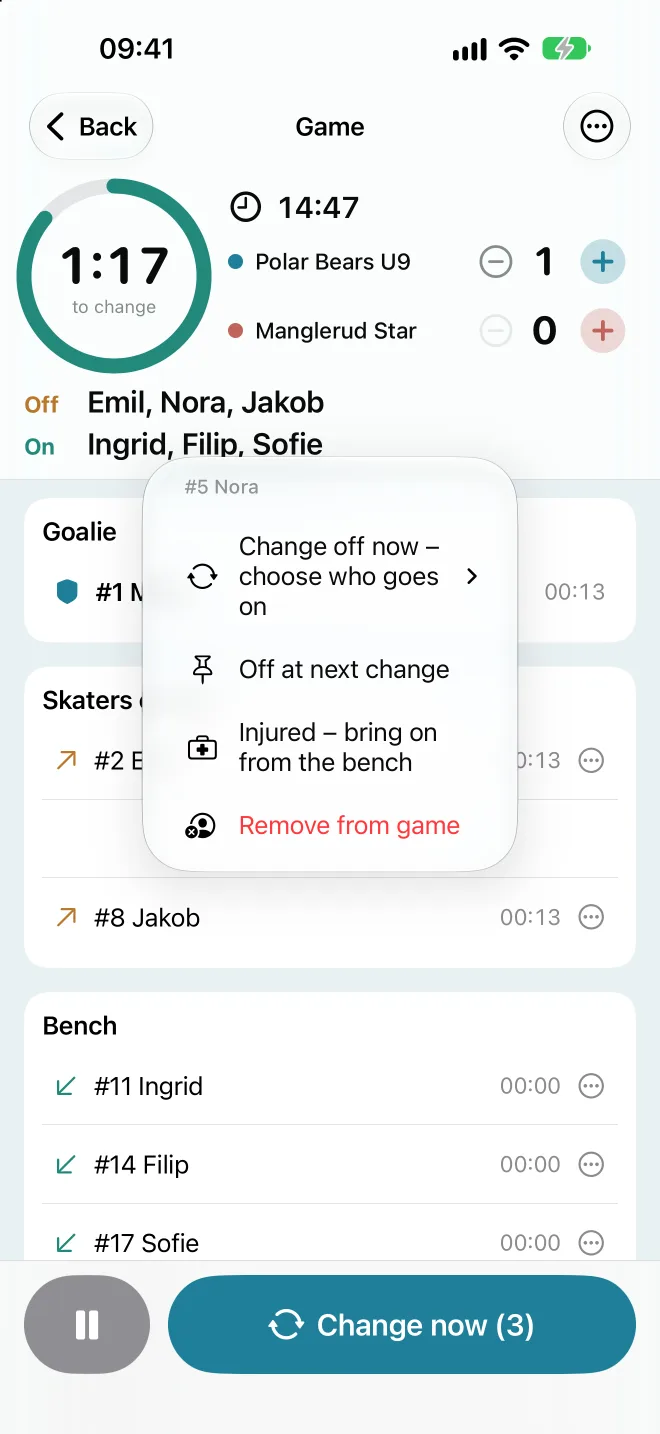 The menu for a player on the ice with change now, off at next change, injured and remove from game