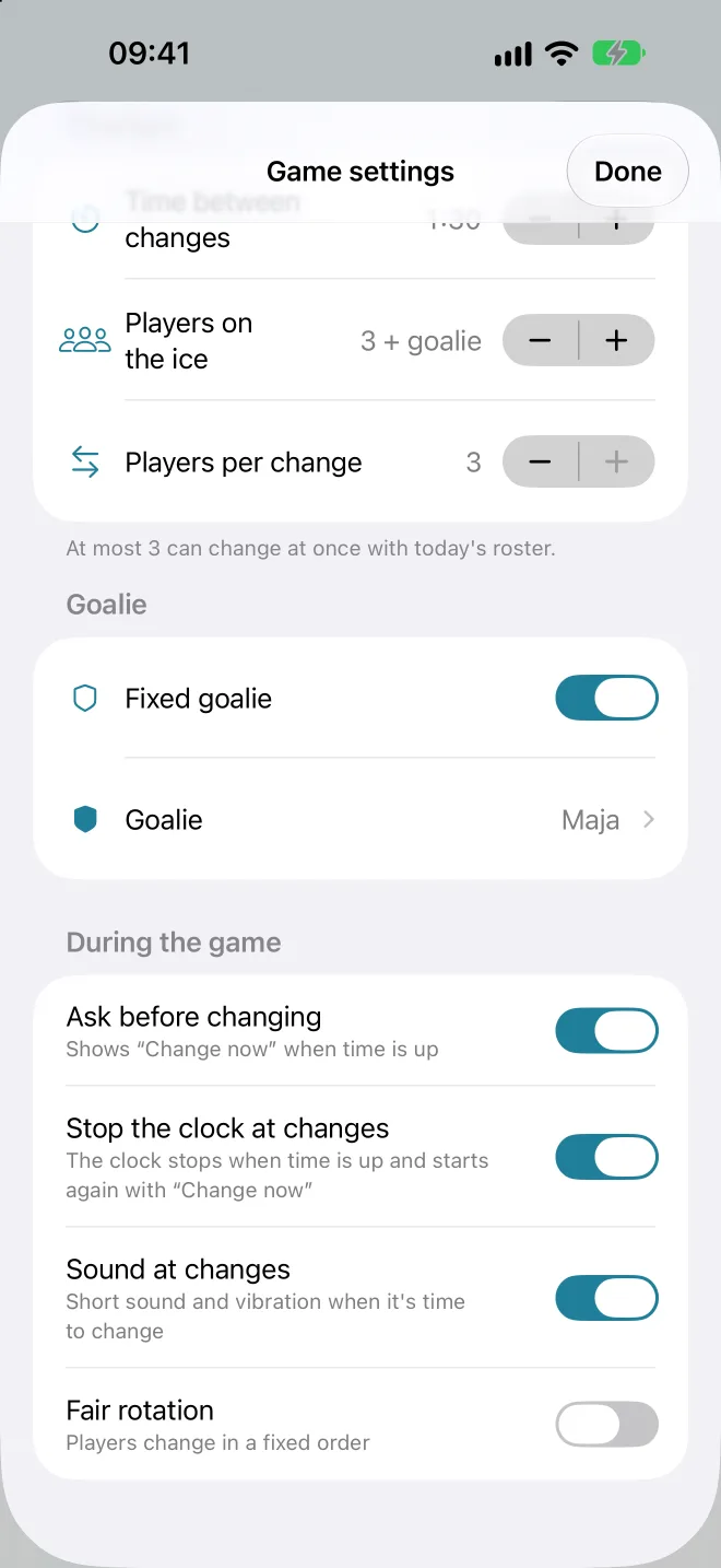 Game settings with the goalie section and the during-the-game switches
