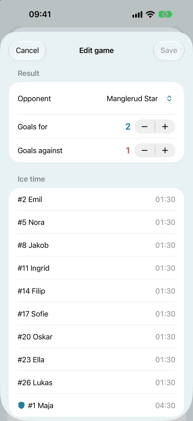 Edit game with opponent, goals for and against, and ice time per player