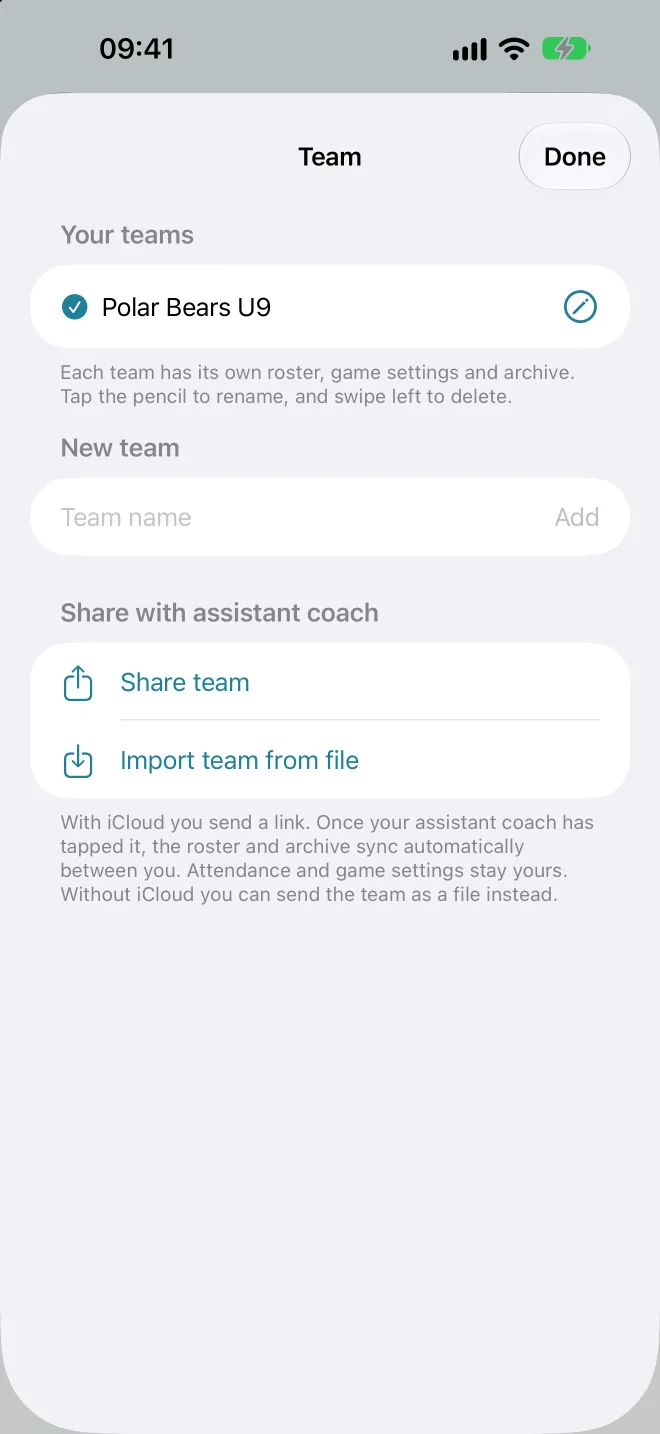 The teams sheet with your teams, new team and share with assistant coach via iCloud