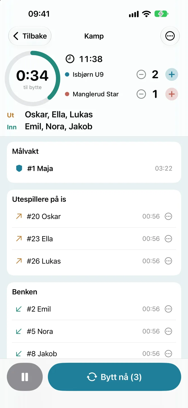 HockeySub under kampen: klokke, score, hvem som skal ut og inn, og spilletid for hver spiller