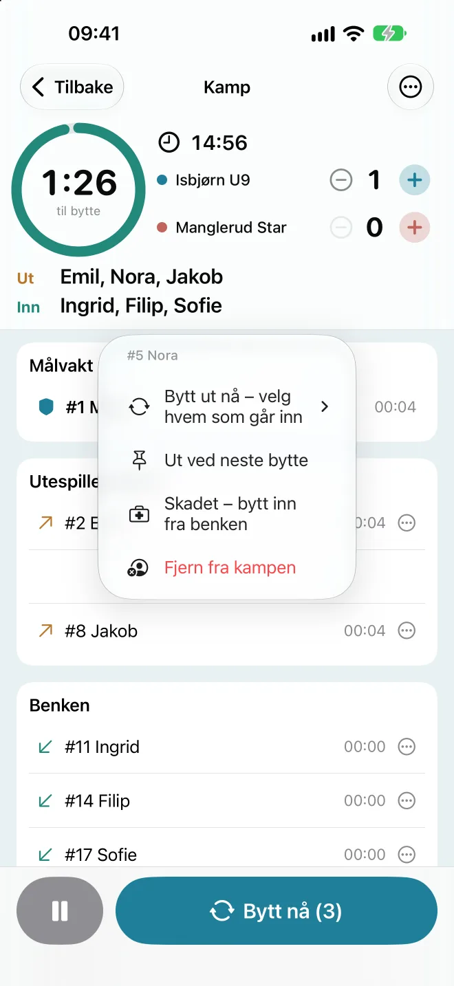 Menyen for en spiller på isen med Bytt ut nå, Ut ved neste bytte, Skadet og Fjern fra kampen