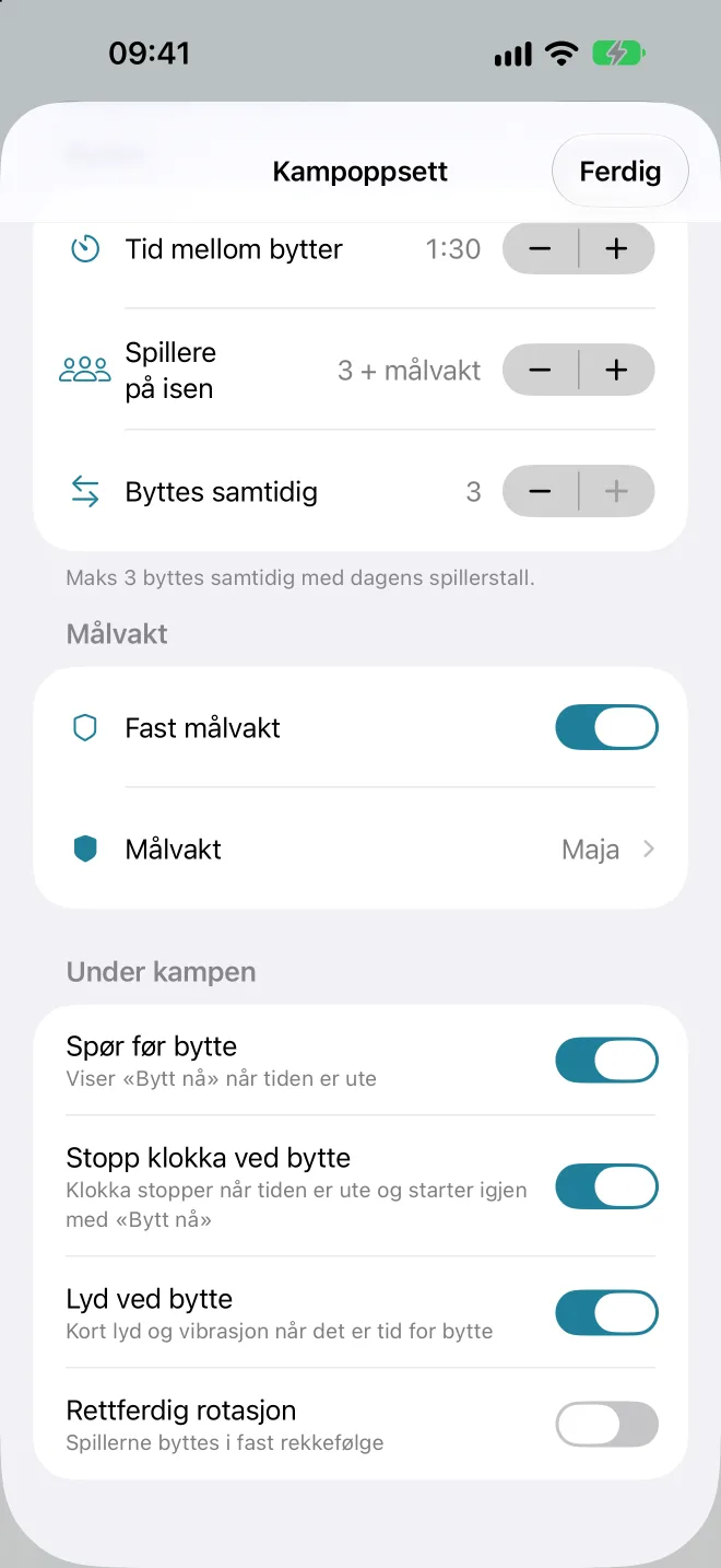 Kampoppsett med Målvakt og bryterne under Under kampen