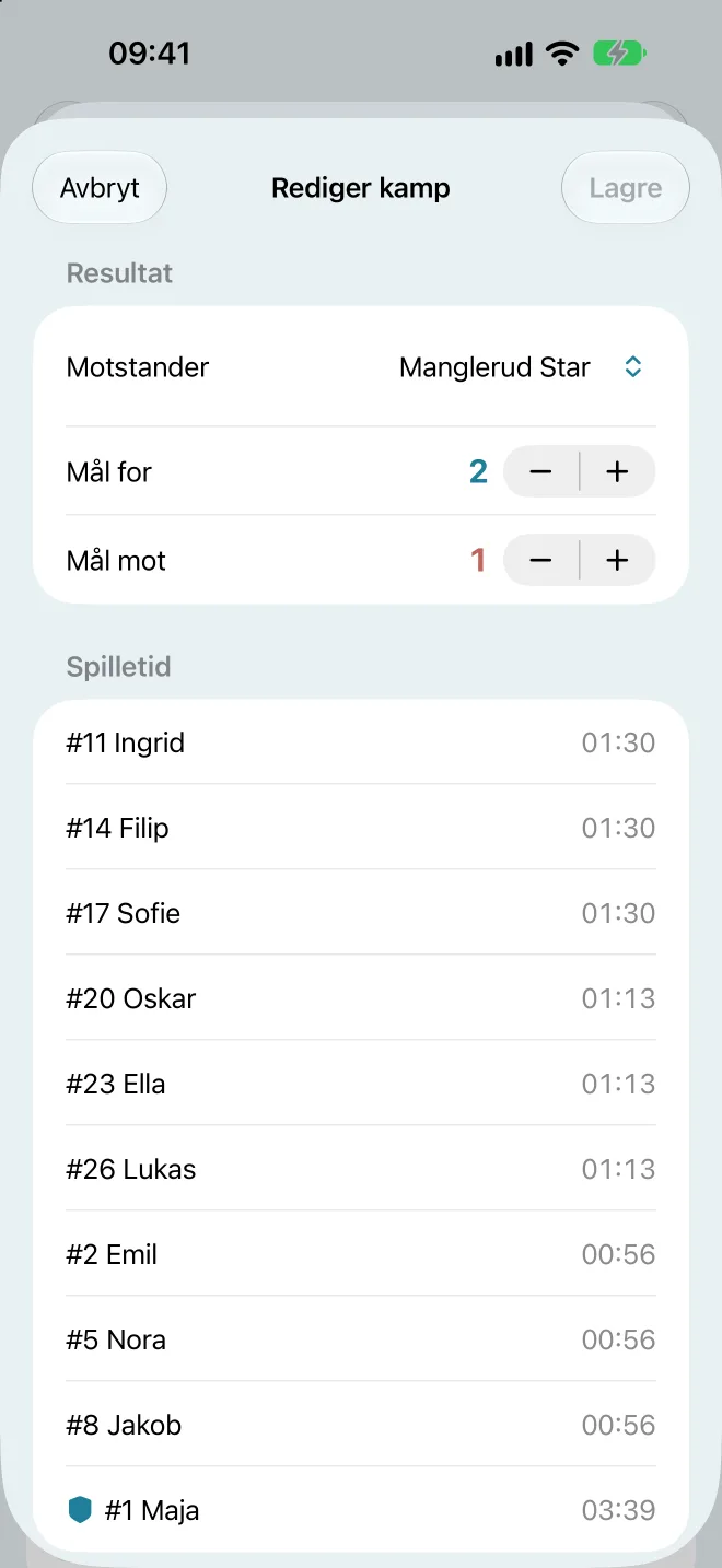 Rediger kamp med motstander, mål for og mot, og spilletid per spiller