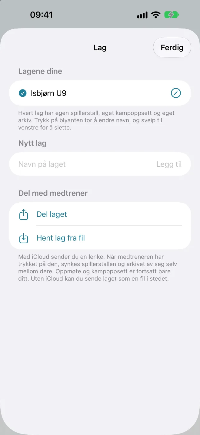Lag-arket med Lagene dine, Nytt lag og Del med medtrener via iCloud